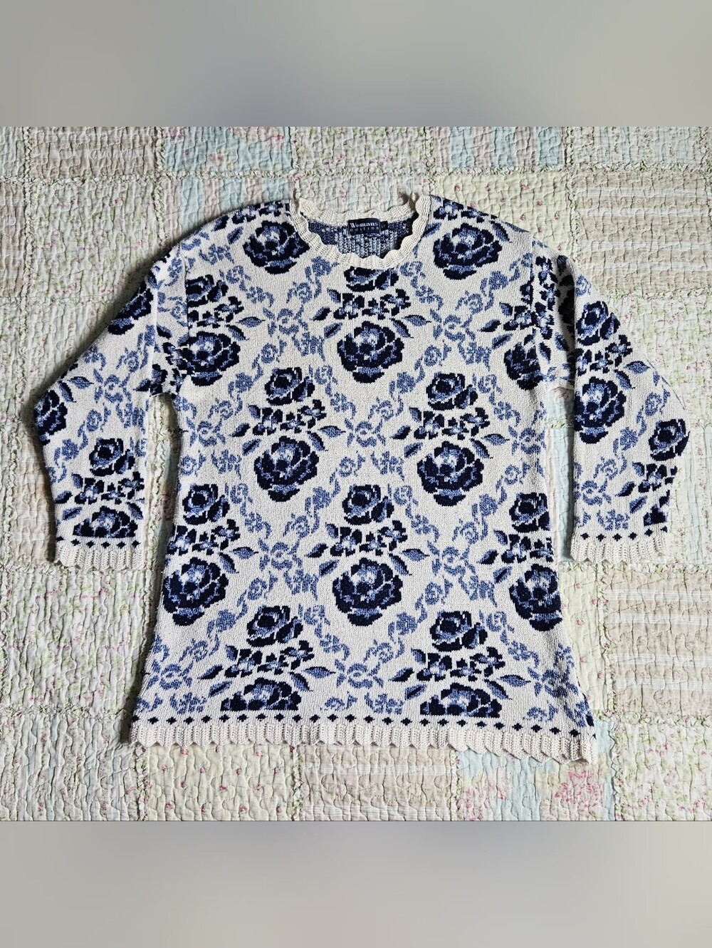 Vintage Floral Ivory & Navy Crewneck Sweater